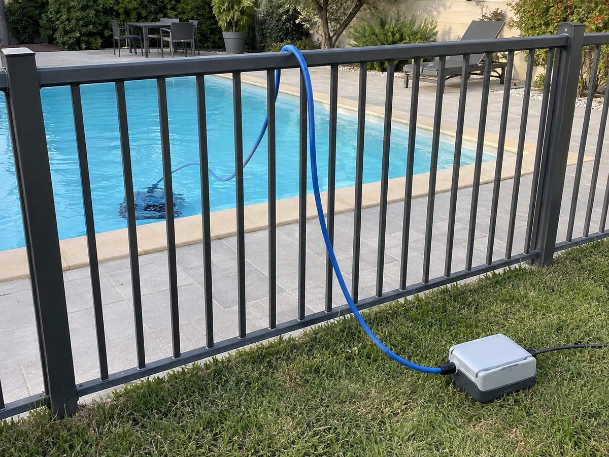 Câble du robot passé par-dessus la clôture : photo