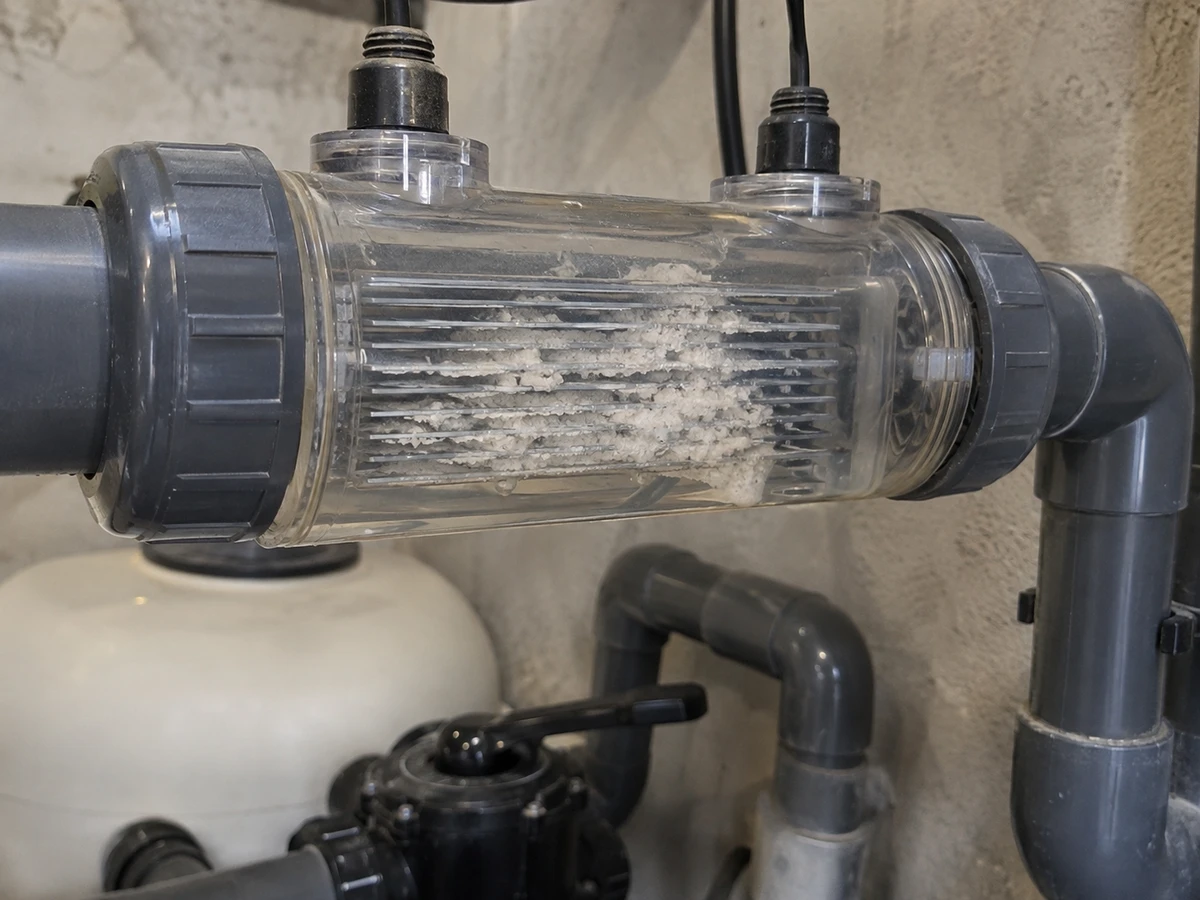 Dépôt blanc entre les plaques de la cellule d'électrolyse : photo