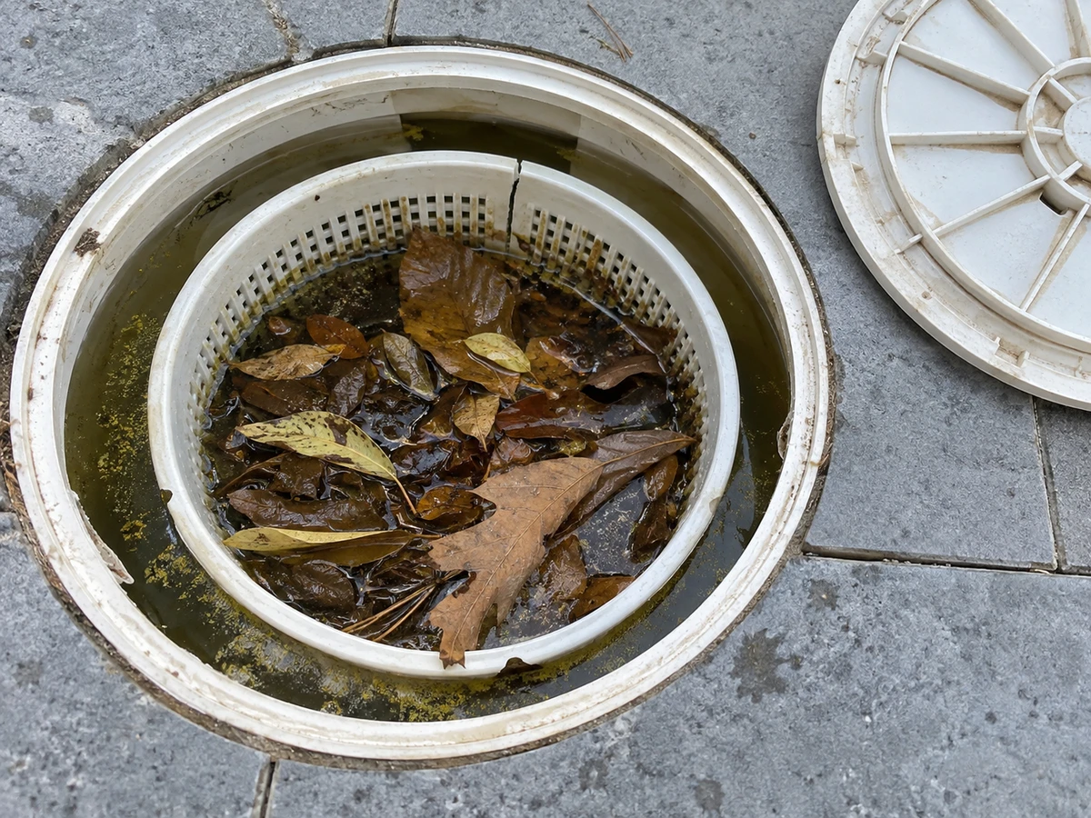 Panier de skimmer plein de feuilles, ou fendu : photo