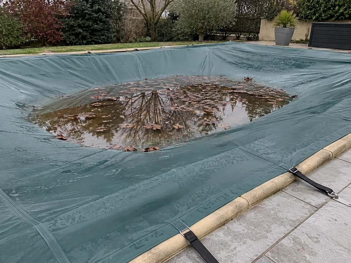 Poche d'eau croupie sur la bâche d'hivernage : photo