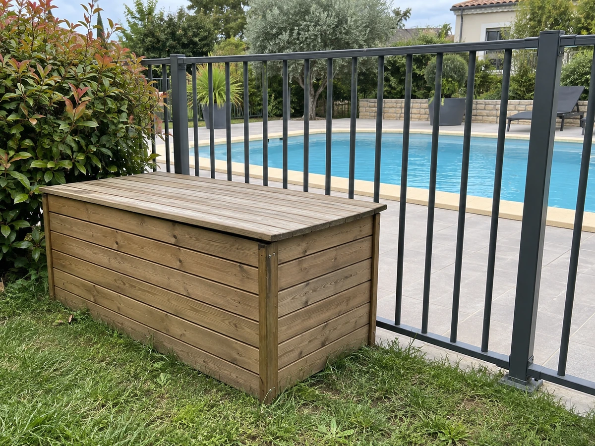 Coffre, jardinière ou transat contre la barrière : photo